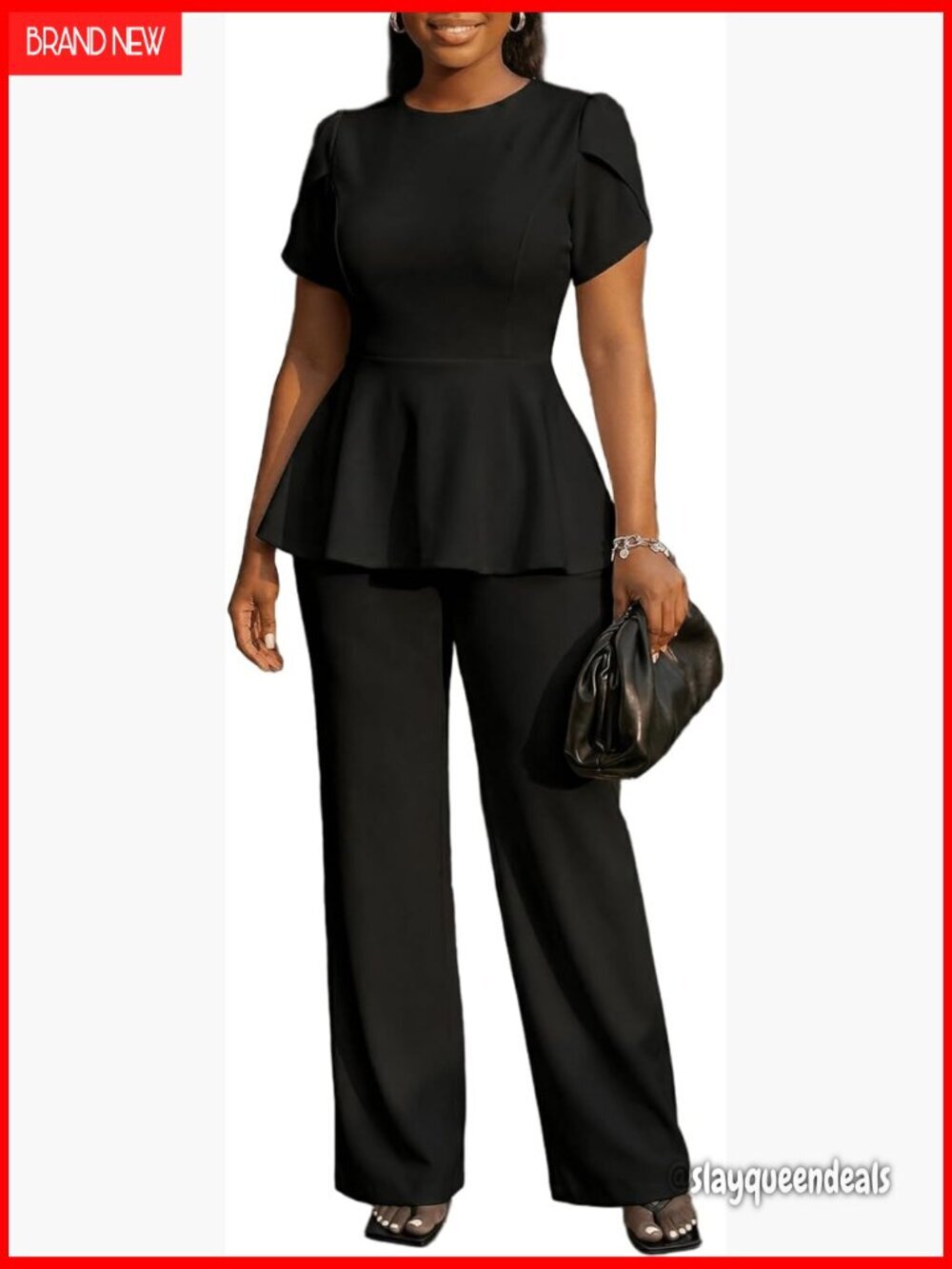 Large Polyester Peplum Top Pant Suit Set Business Casual Office Wear
